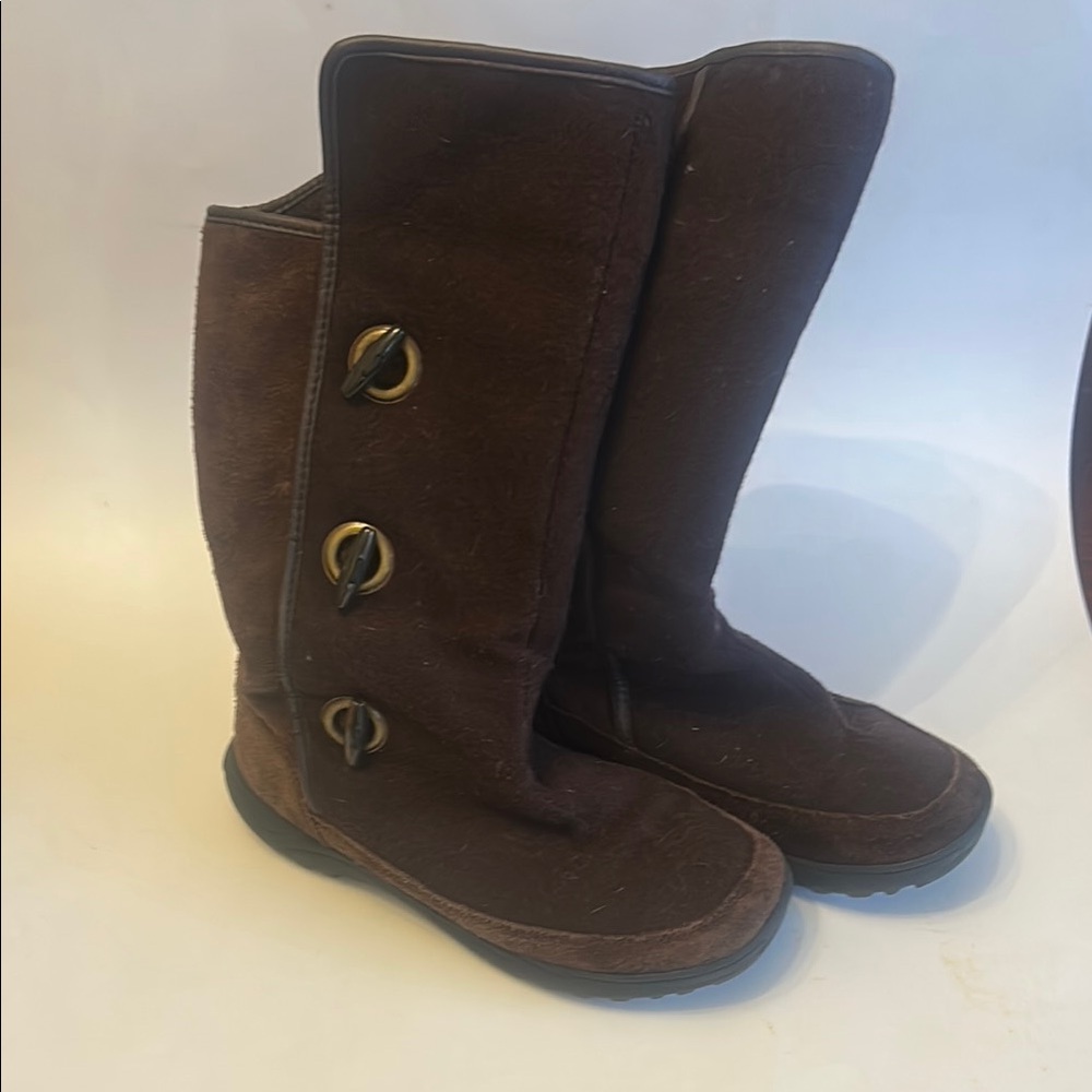 Land’s End Women’s Brown Suede Knee-High Boots with Button Accents